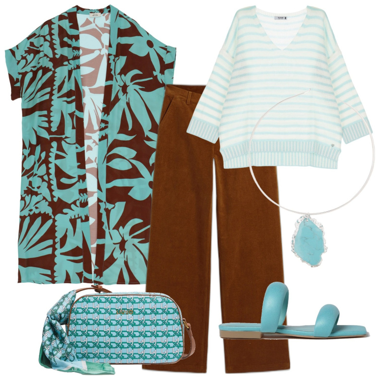 Outfit donna - Over 50. Stile Casual per Tutti i giorni. Abbinamento con pantaloni, cardigans, ciondoli, pullovers, borse a tracolla, sandali in pelle.