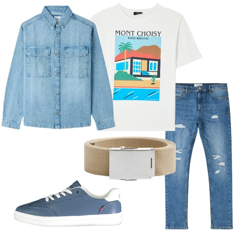 Outfit uomo - La cintura color sabbia. Stile Casual per Tutti i giorni. Abbinamento con t-shirt, cappotti, jeans strappati, cinture, sneakers.