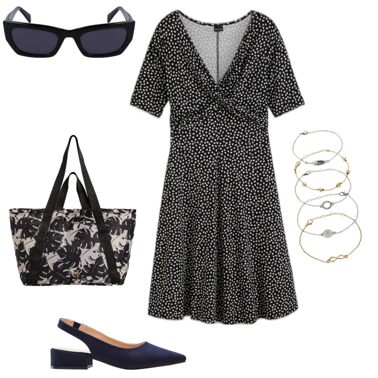 Outfit donna - Total look for Sunday. Stile Bon Ton per Tutti i giorni. Abbinamento con braccialetti con ciondoli, vestiti corti, décolleté, shopping bag, occhiali da sole.