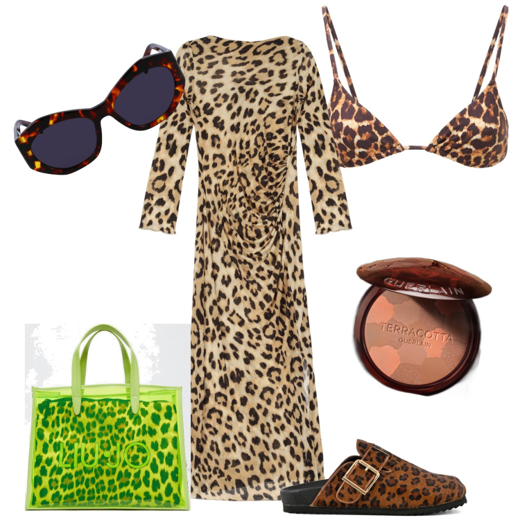 Outfit donna - Mare animalier. Stile Trendy per Mare. Abbinamento con terre, vestiti midi/longuette, occhiali da sole, sabot, shopping bag, bikini.