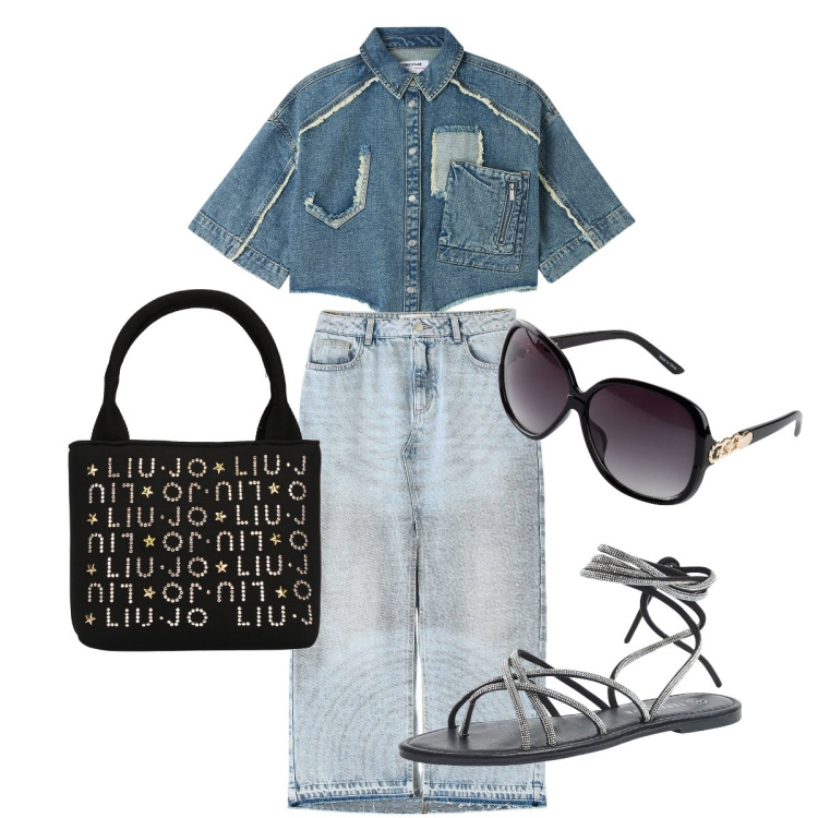 Outfit donna - Abbinamento denim. Stile Urban per Tutti i giorni. Abbinamento con occhiali da sole, sandali alla schiava, camicie a manica corta, gonne lunghe, borse a mano.
