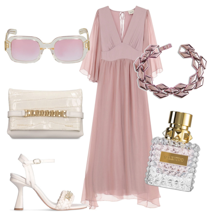 Outfit donna - Perfetta. Stile Chic per Cerimonia. Abbinamento con braccialetti, profumi, vestiti lunghi, sandali col tacco, occhiali da sole, pochette.
