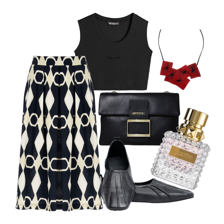 Outfit donna - Ghost oufitter - giugno. Stile Casual chic per Tutti i giorni. Abbinamento con ciondoli, profumi, gonne longuette, pochette, top, ballerine.