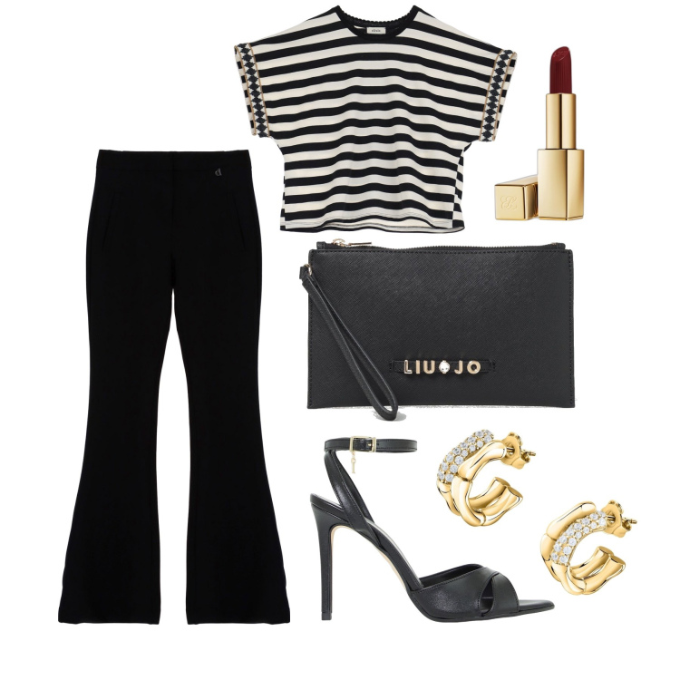 Outfit donna - Ghost oufitter - giugno. Stile Casual chic per Tutti i giorni. Abbinamento con orecchini, rossetti, décolleté, pantaloni, canottiere, clutch.