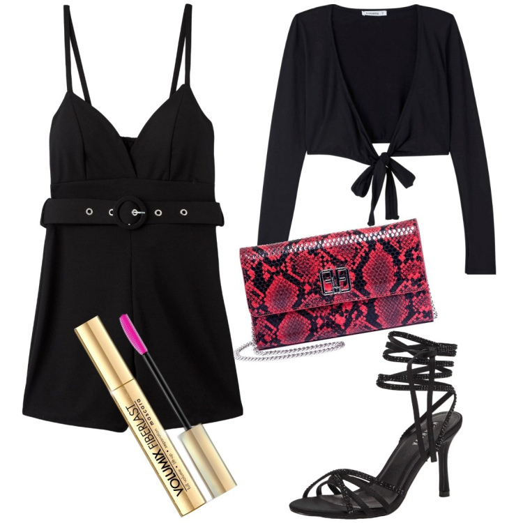 Outfit donna - Serata. Stile Chic per Serata fuori. Abbinamento con mascara, tuta corta, blazer, sandali alla schiava, pochette.