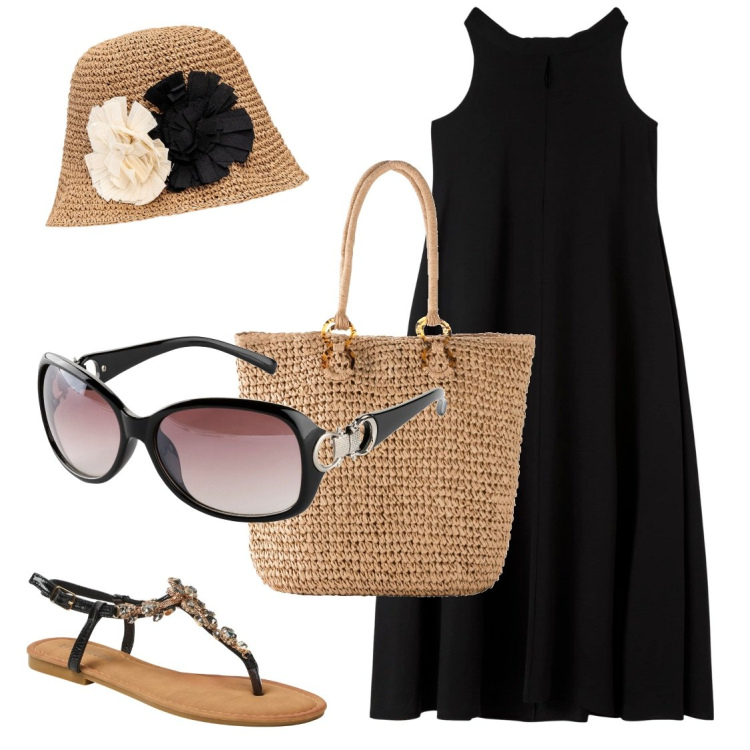 Outfit donna - Mattinata. Stile Casual per Tutti i giorni. Abbinamento con shopping bag, occhiali da sole, vestiti senza maniche, sandali gioiello, cappelli.