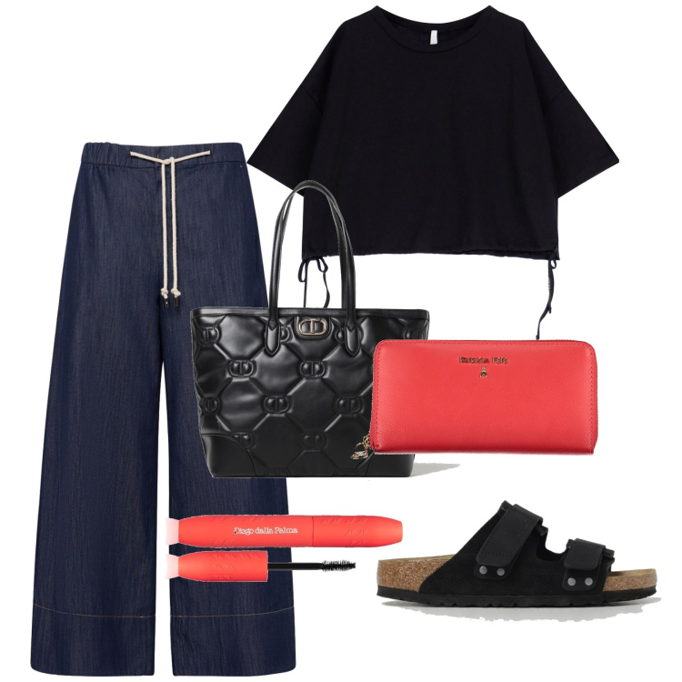 Outfit donna - Total look #1897925. Stile Trendy per Tutti i giorni. Abbinamento con mascara, t-shirt, jeans, portafogli, sandali, borse a spalla.