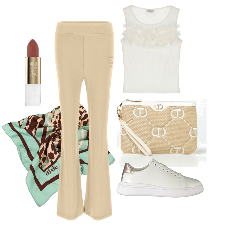 Outfit donna - Ghost oufitter - giugno. Stile Casual chic per Tutti i giorni. Abbinamento con rossetti, leggings, canottiere, foulard, clutch, sneakers.