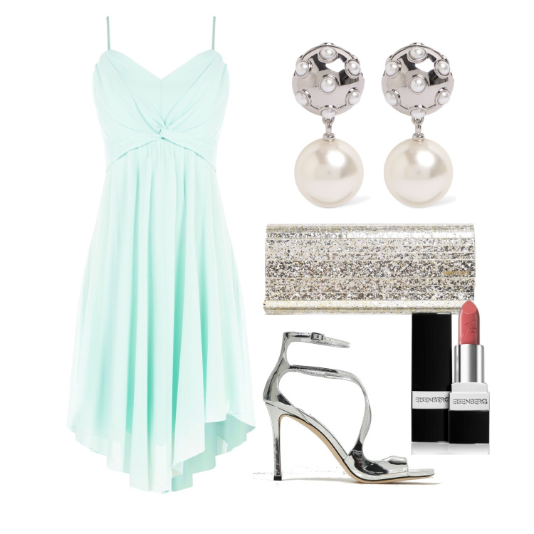 Outfit donna - Ghost oufitter - giugno. Stile Glamour per Cerimonia. Abbinamento con rossetti, vestiti asimmetrici, sandali col tacco, pochette, orecchini.