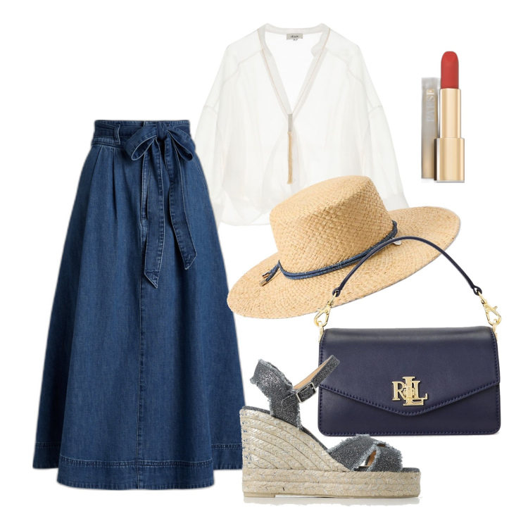 Outfit donna - Ghost outfitter - giugno. Stile Casual chic per Tutti i giorni. Abbinamento con rossetti, gonne, borse a tracolla, cappelli, bluse, espadrillas.