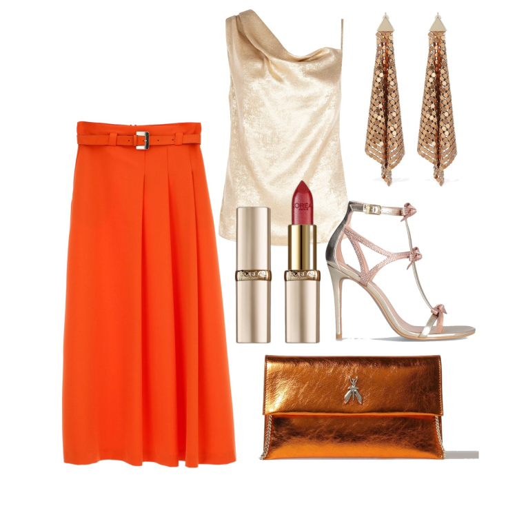 Outfit donna - Ghost outfitter - giugno. Stile Glamour per Cerimonia. Abbinamento con rossetti, top, gonne longuette, orecchini, clutch, sandali col tacco.