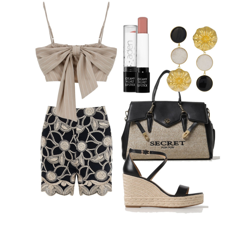 Outfit donna - Ghost outfitter - giugno. Stile Glamour per Tutti i giorni. Abbinamento con rossetti, shorts, top, orecchini, borse a mano, espadrillas.