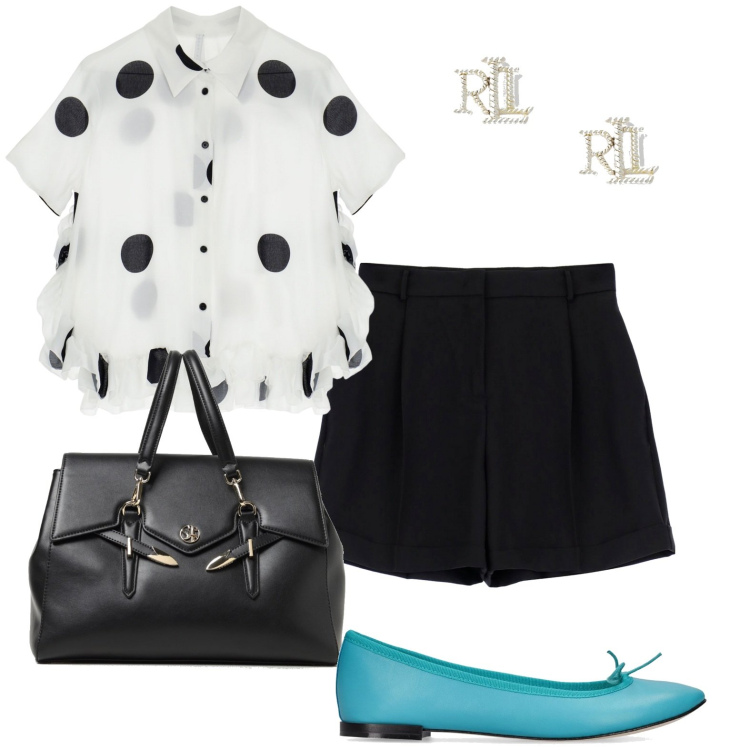 Outfit donna - Camicia a pois. Stile Casual per Tutti i giorni. look ideale per Petite. Abbinamento con shorts, camicie a manica corta, orecchini, ballerine, borse a mano.