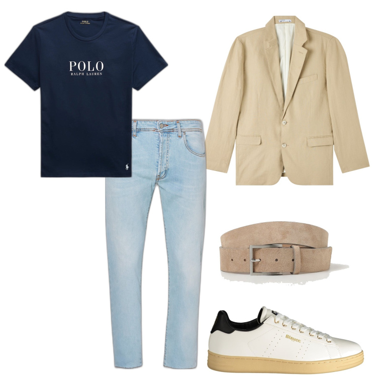 Outfit uomo - Giacca e t shirt. Stile Casual per Ufficio. Abbinamento con giacche, t-shirt, sneakers, cinture, jeans.