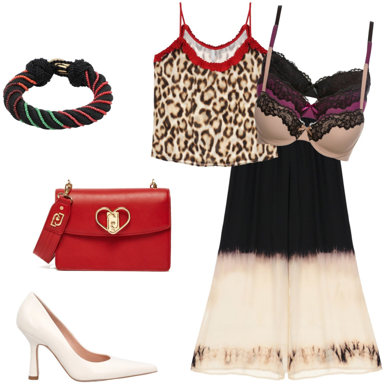 Outfit donna - Audaci accostamenti. Stile Trendy per Tutti i giorni. Abbinamento con reggiseni, braccialetti, canottiere, pantaloni a palazzo, décolleté, borse a spalla.