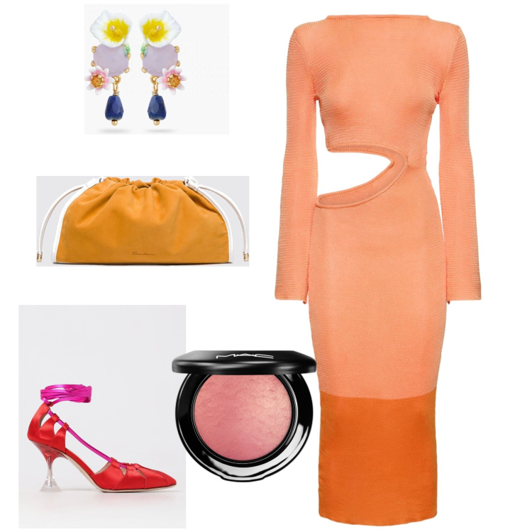 Outfit donna - Tubino originale. Stile Chic per Serata fuori. Abbinamento con orecchini, blush, vestiti asimmetrici, clutch, décolleté.