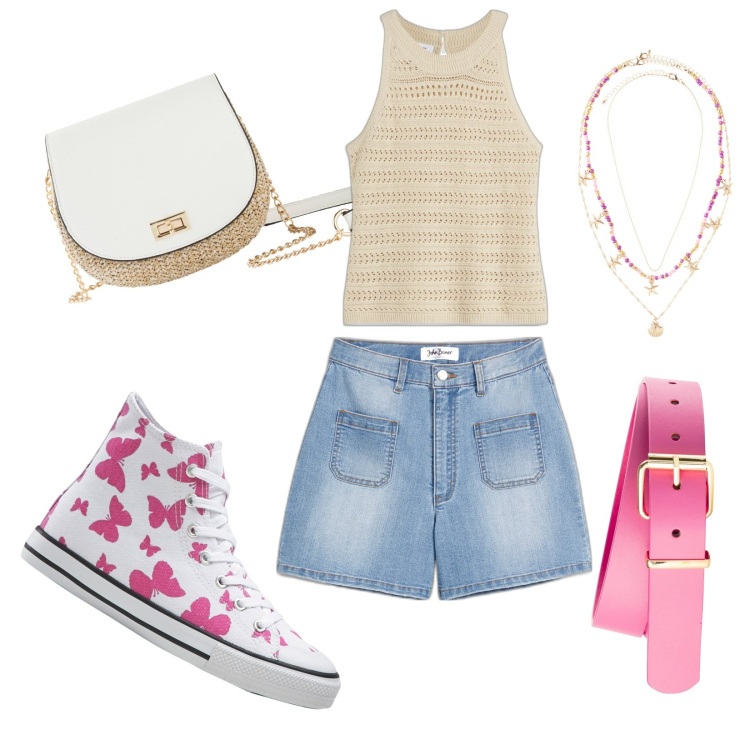 Outfit donna - Forever young. Stile Casual per Mare. Abbinamento con cinture, borse a tracolla, sneakers alte, shorts, ciondoli, top.