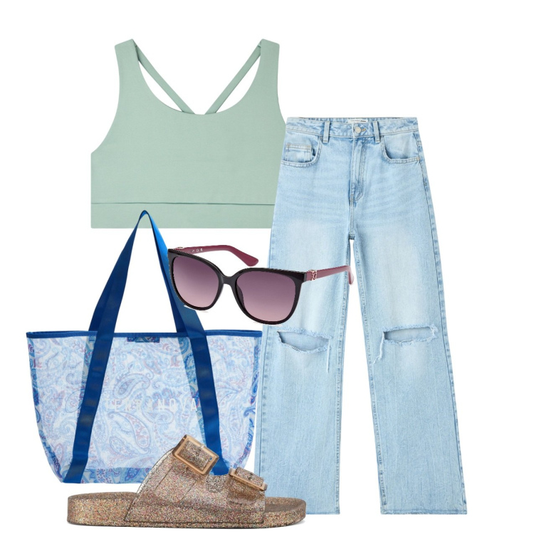 Outfit donna - Domenica in giro. Stile Casual per Tutti i giorni. Abbinamento con jeans strappati, top sportivi, shopping bag, sandali, occhiali da sole.