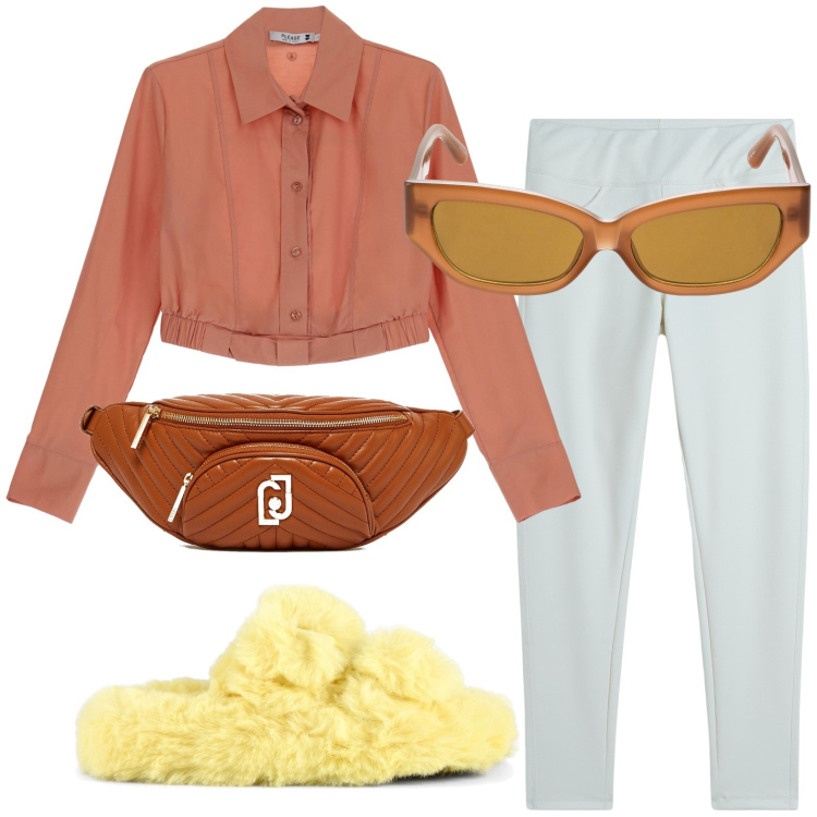 Outfit donna - Sport casual. Stile Casual per Tutti i giorni. look ideale per Petite. Abbinamento con camicie, leggings, ciabatte, marsupi, occhiali da sole.