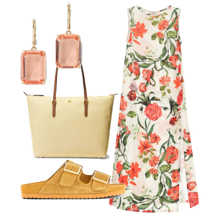 Outfit donna - Florage. Stile Bon Ton per Tutti i giorni. Abbinamento con vestiti midi/longuette, borse tote, orecchini, sandali.