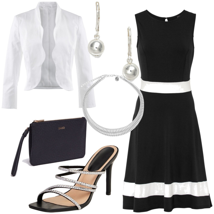 Outfit donna - Serata. Stile Chic per Serata fuori. Abbinamento con blazer, vestiti, sandali col tacco, collane, orecchini, pochette.