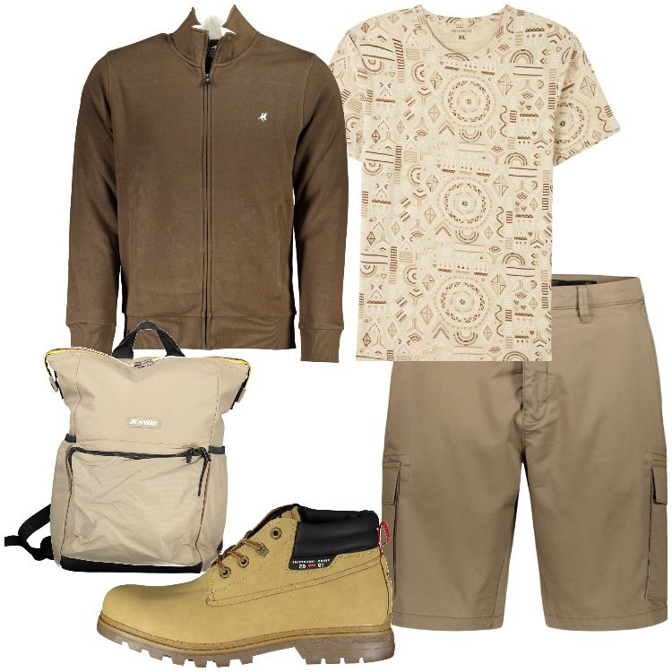 Outfit uomo - Un\'escursione in montagna. Stile Casual per Tutti i giorni. Abbinamento con t-shirt, bermuda, borse sportive, felpe, stivali.