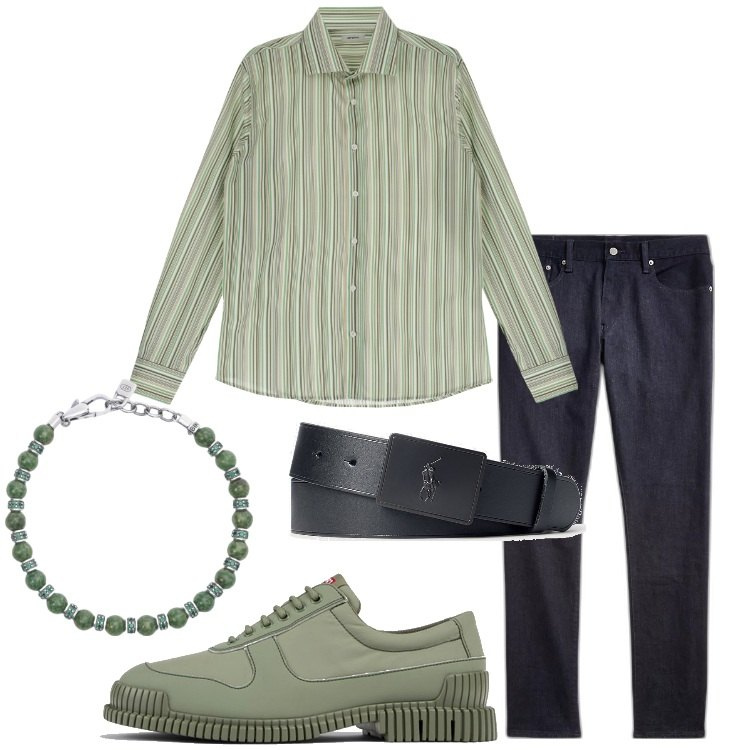 Outfit uomo - La camicia a righe. Stile Trendy per Serata speciale. Abbinamento con braccialetti, camicie, jeans, cinture, scarpe stringate.