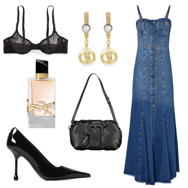 Outfit donna - Classy denim. Stile Bon Ton per Serata fuori. Abbinamento con profumi, reggiseni, orecchini, borse a mano, vestiti lunghi, décolleté.