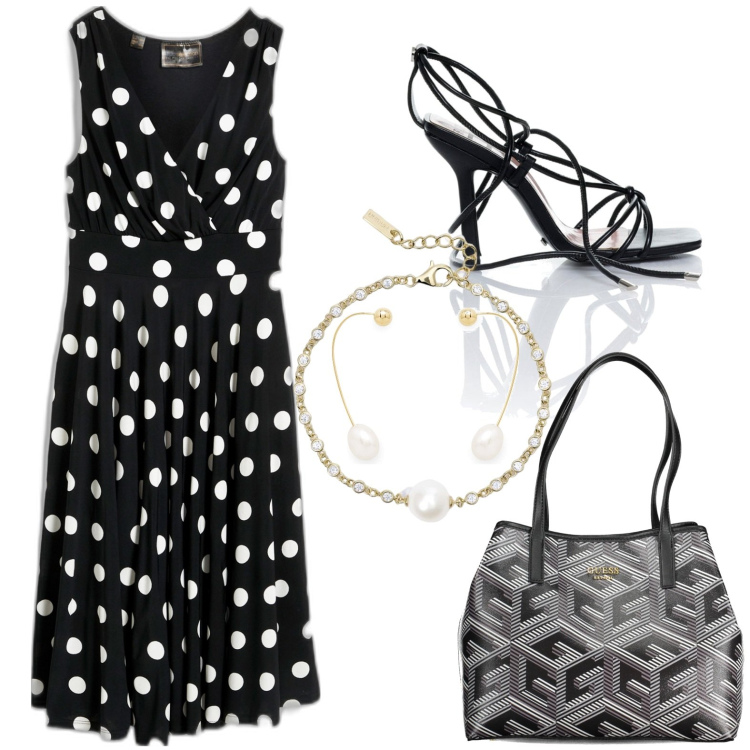 Outfit donna - Estate. Stile Chic per Serata fuori. Abbinamento con vestiti, orecchini, braccialetti, sandali alla schiava, borse a spalla.