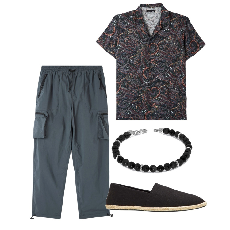 Outfit uomo - City avion. Stile Urban per Tutti i giorni. Abbinamento con espadrillas, pantaloni cargo, camicie a manica corta, braccialetti.