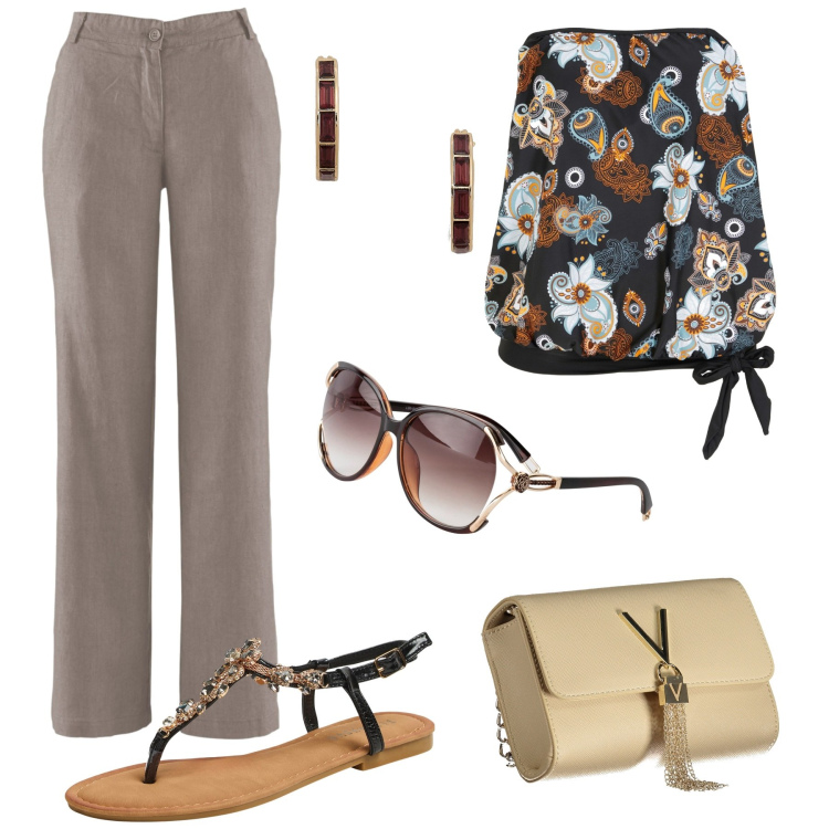 Outfit donna - Curvy Summer. Stile Casual chic per Serata fuori. Abbinamento con pantaloni, occhiali da sole, top, sandali gioiello, orecchini, borse a tracolla.