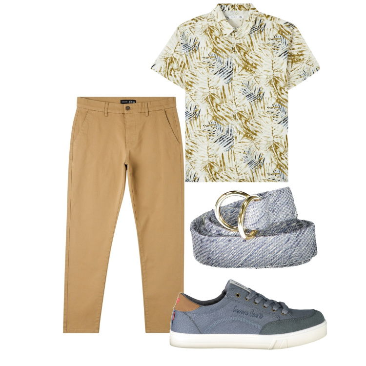 Outfit uomo - City. Stile Casual per Tutti i giorni. Abbinamento con camicie a manica corta, pantaloni skinny, sneakers, cinture.