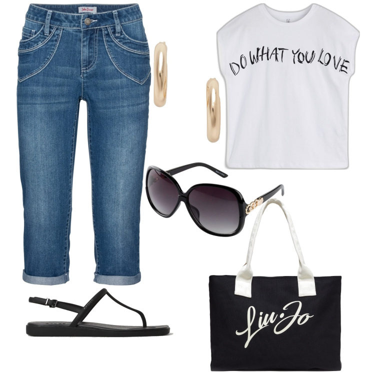 Outfit donna - Curvy style. Stile Casual chic per Tutti i giorni. Abbinamento con jeans dritti, maglieria, occhiali da sole, orecchini, shopping bag, sandali.