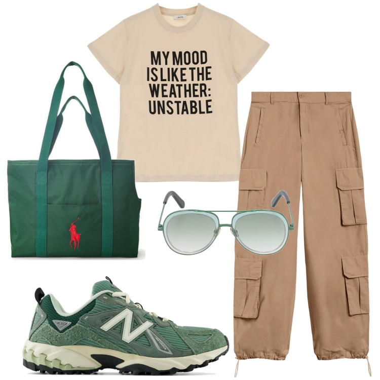 Outfit donna - University. Stile Bon Ton per Tutti i giorni. look ideale per Petite. Abbinamento con sneakers, pantaloni cargo, t-shirt, borse tote, occhiali da sole.