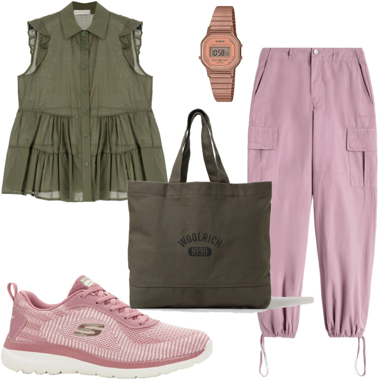 Outfit donna - Tempo libero. Stile Casual per Tutti i giorni. look ideale per Petite. Abbinamento con sneakers, orologi, camicie, pantaloni cargo, borse tote.
