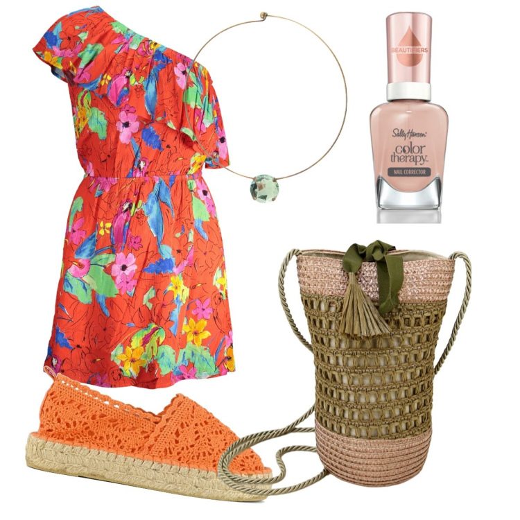 Outfit donna - Bucket bag. Stile Casual chic per Tutti i giorni. Abbinamento con smalti, borse a secchiello, ciondoli, espadrillas, vestiti asimmetrici.