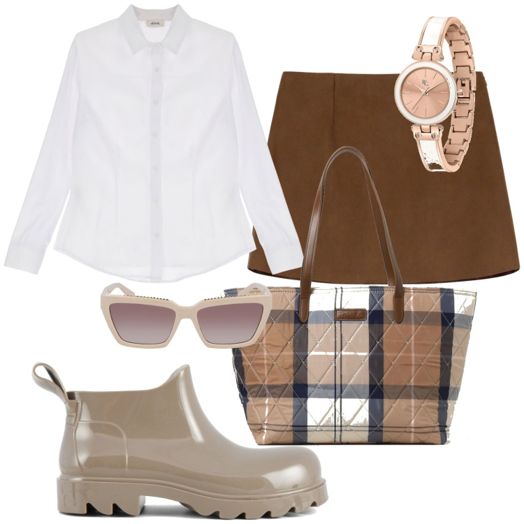 Outfit donna - Borsa a quadri. Stile Chic per Tutti i giorni. look ideale per Petite. Abbinamento con orologi, minigonne, camicie, stivali, borse a spalla, occhiali da sole.