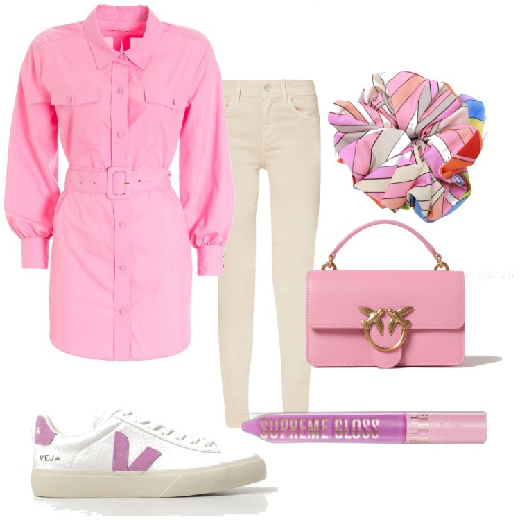 Outfit donna - Coda e via. Stile Trendy per Tutti i giorni. Abbinamento con gloss, camicie, borse a tracolla, sneakers, accessori per capelli, jeans skinny.