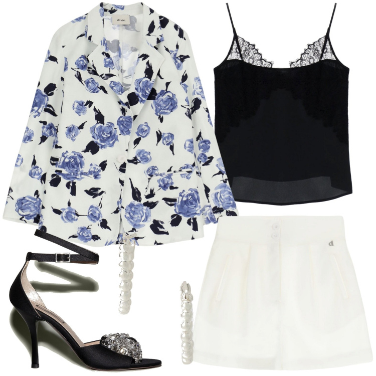 Outfit donna - Giacca a fiori. Stile Casual per Tutti i giorni. look ideale per Petite. Abbinamento con top, orecchini, blazer, shorts, sandali col tacco.