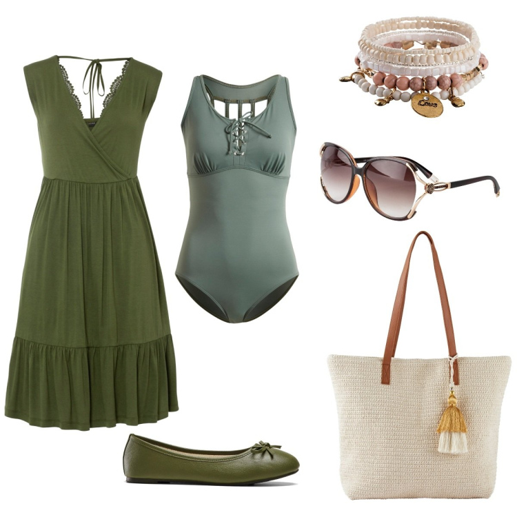 Outfit donna - Total look #1898085. Stile Casual per Mare. Abbinamento con vestiti, occhiali da sole, braccialetti, costumi interi, ballerine, shopping bag.