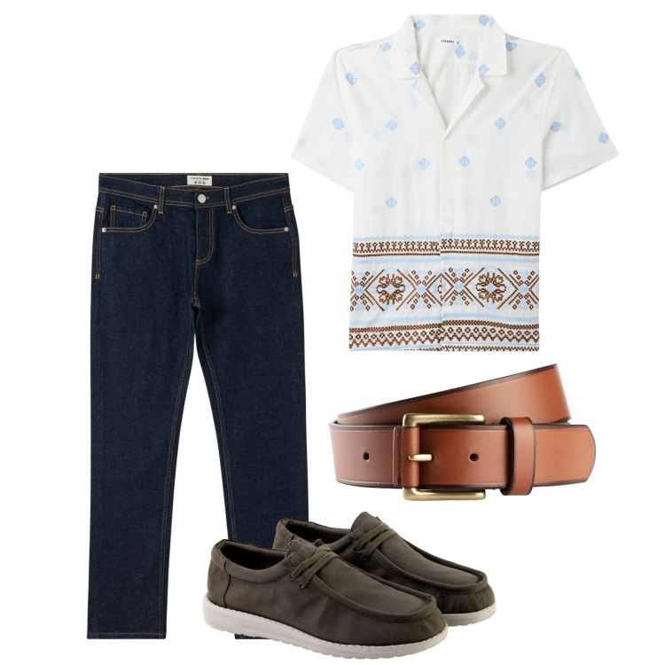 Outfit uomo - City. Stile Casual per Tutti i giorni. Abbinamento con cinture, camicie a manica corta, jeans, scarpe stringate.