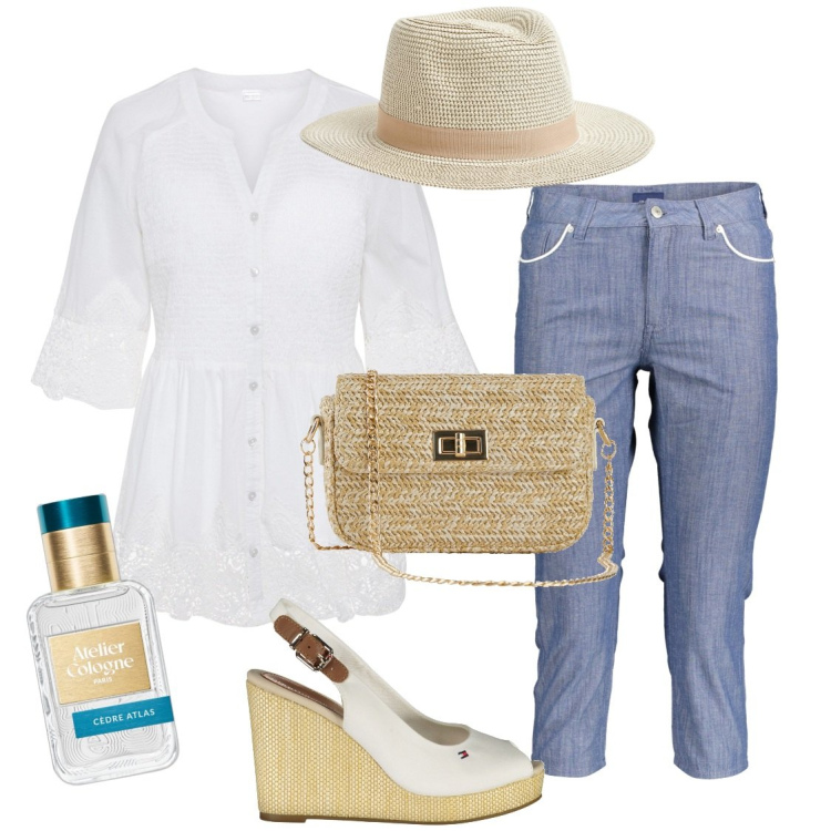 Outfit donna - Il camicione ricamato. Stile Bon Ton per Tutti i giorni. Abbinamento con camicie, borse a mano, profumi, cappelli, pantaloni capri, sandali.
