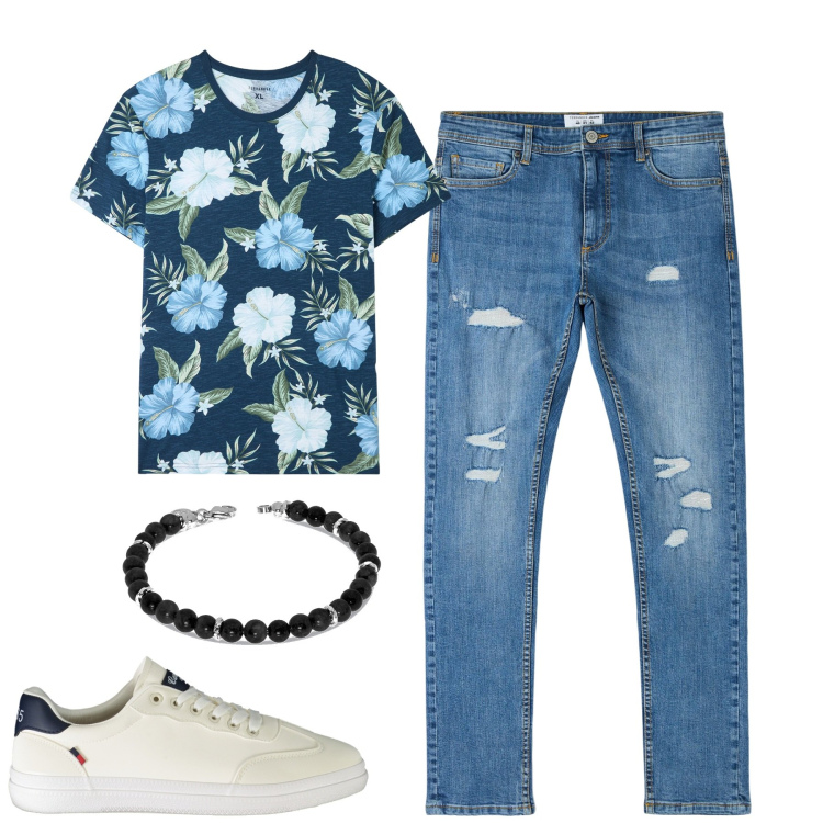 Outfit uomo - Summertime. Stile Casual per Tutti i giorni. Abbinamento con t-shirt, jeans strappati, braccialetti, sneakers.