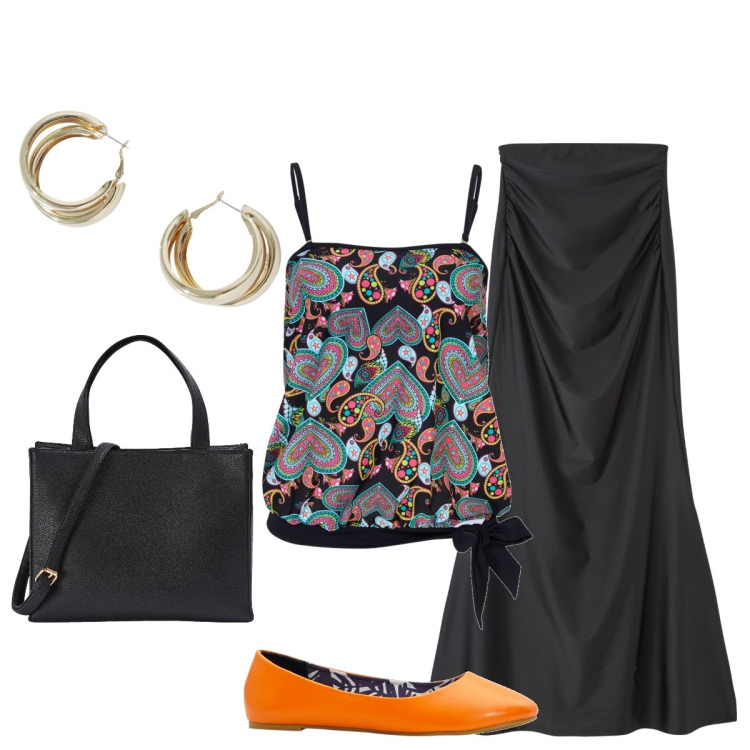 Outfit donna - Appuntamento serale. Stile Bon Ton per Serata fuori. Abbinamento con top, ballerine, gonne lunghe, shopping bag, orecchini.
