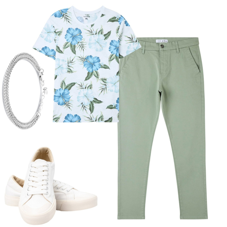 Outfit uomo - Total look #1898126. Stile Trendy per Tutti i giorni. Abbinamento con pantaloni skinny, t-shirt, sneakers, braccialetti.