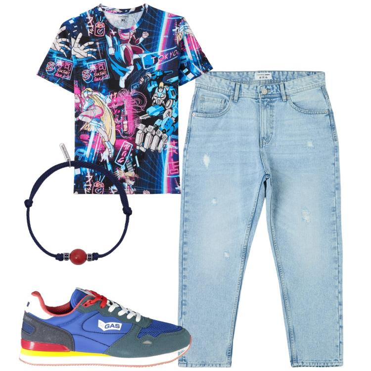 Outfit uomo - Total look #1898149. Stile Casual per Tutti i giorni. Abbinamento con jeans strappati, t-shirt, braccialetti, sneakers.