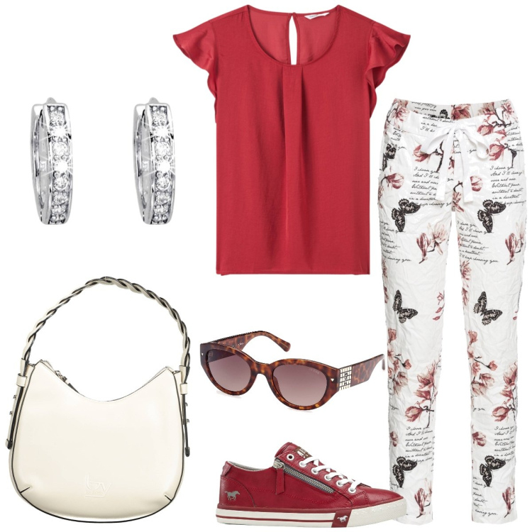 Outfit donna - In centro. Stile Casual per Tutti i giorni. Abbinamento con pantaloni, sneakers, bluse, orecchini, borse a spalla, occhiali da sole.