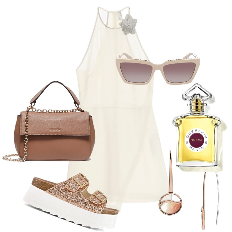 Outfit donna - Ghost outfitter- giugno. Stile Chic per Tutti i giorni. Abbinamento con orecchini, profumi, vestiti corti, zeppe, borse a tracolla, occhiali da sole.