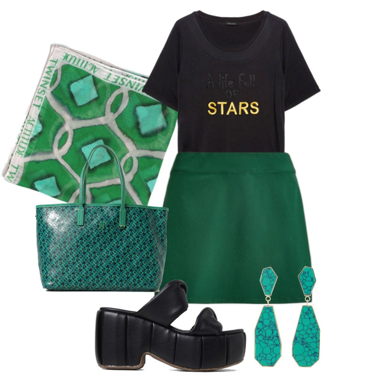 Outfit donna - Ghost outfitter- giugno. Stile Sporty chic per Tutti i giorni. Abbinamento con t-shirt, minigonne, orecchini, borse tote, sciarpe, sandali.