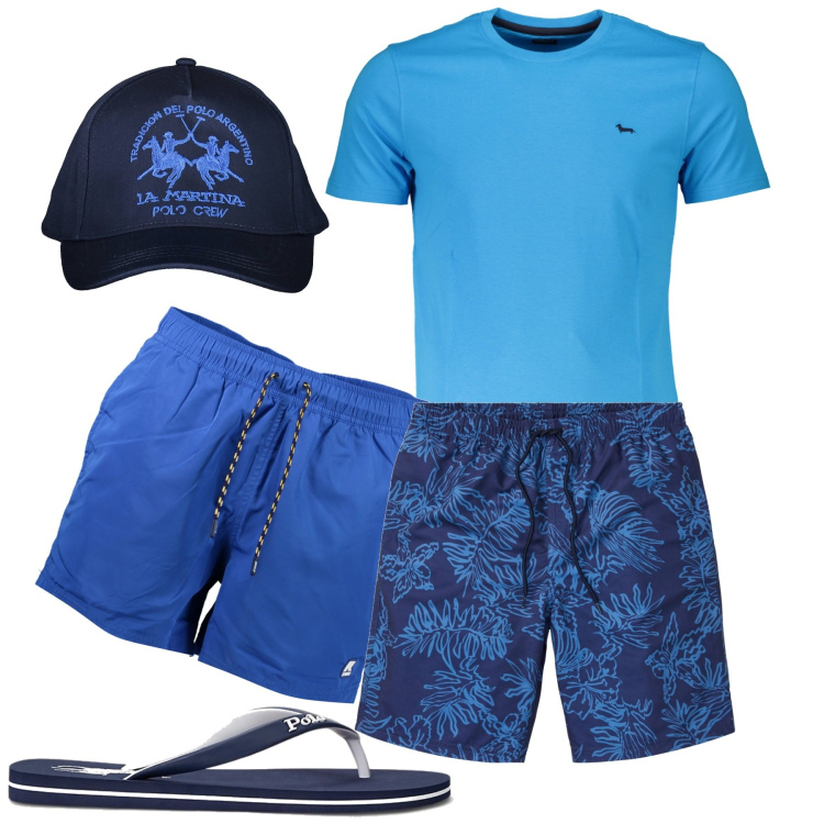 Outfit uomo - Mare. Stile Trendy per Mare. Abbinamento con pantaloni corti, sandali, t-shirt, cappelli con visiera, costumi.